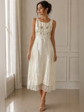 VTG CLAVIE Collection Ivory Embroidered Midi Dress Sheer Overlay Size M